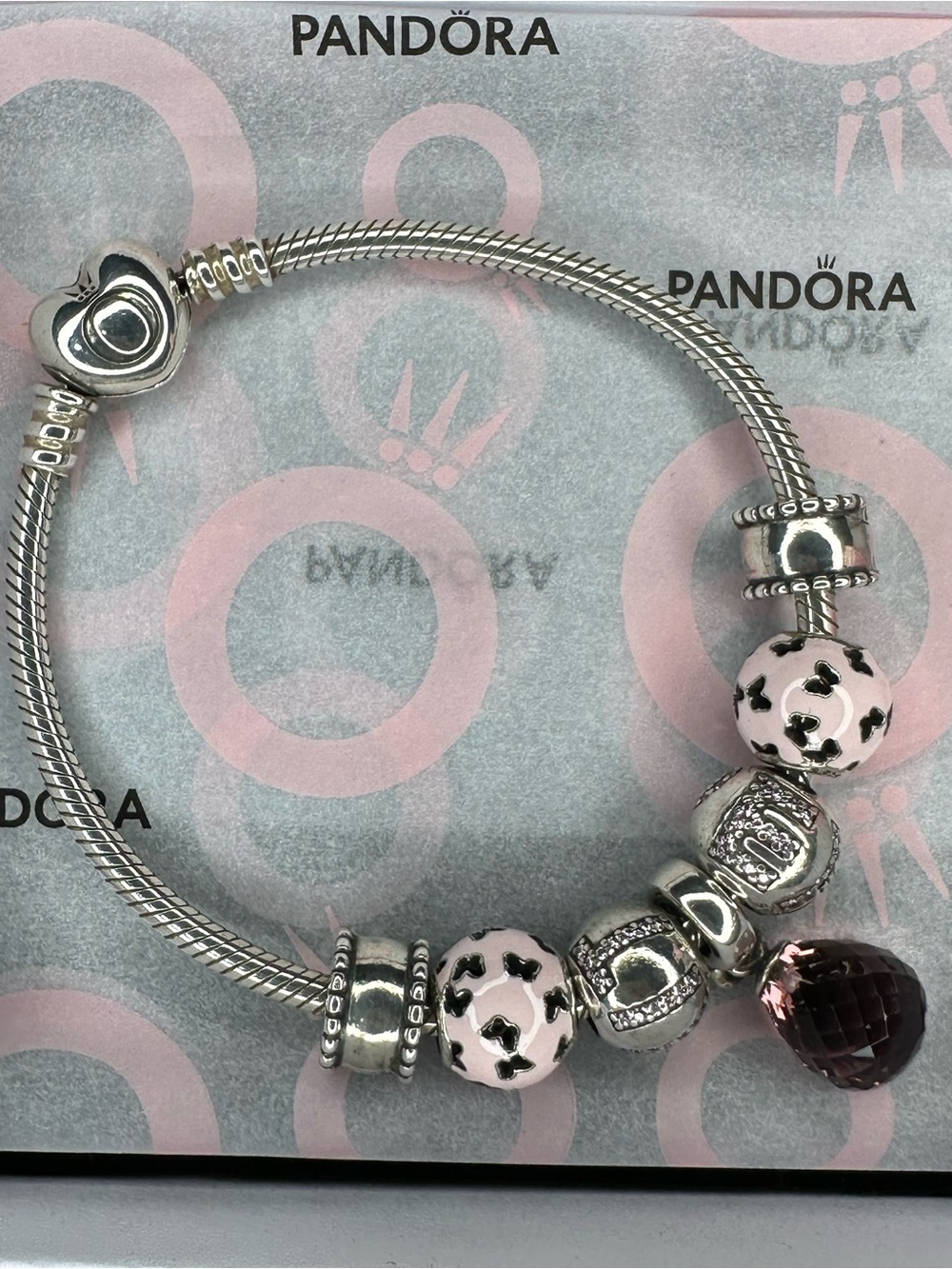 Pandora Moments Silver Bracelet with Hope & Faith Charms and Murano Glass dangle